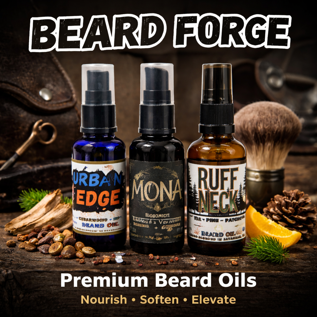 Beard Forge™ beard oil collection by ResilScents™, featuring handcrafted beard oil bottles in rugged, masculine styling that highlights cedarwood, pine, bergamot, and vetiver scent profiles.
