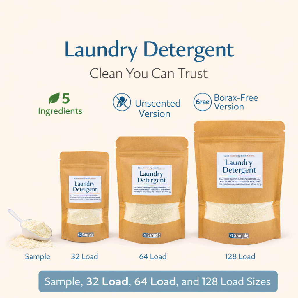 ResilScents™ laundry detergent displayed in kraft paper pouches ranging from sample size to large bulk bags, highlighting a five-ingredient formula with scented, unscented, and borax-free options for clean, simple laundry care.