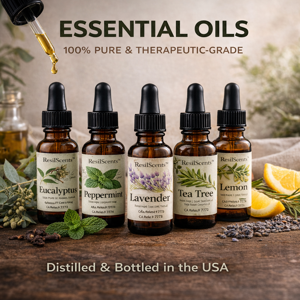 ResilScents™ Essential Oils displayed in 1oz amber Boston round bottles with euro dropper caps, arranged neatly on a clean white background to highlight premium, undiluted aromatherapy oils.