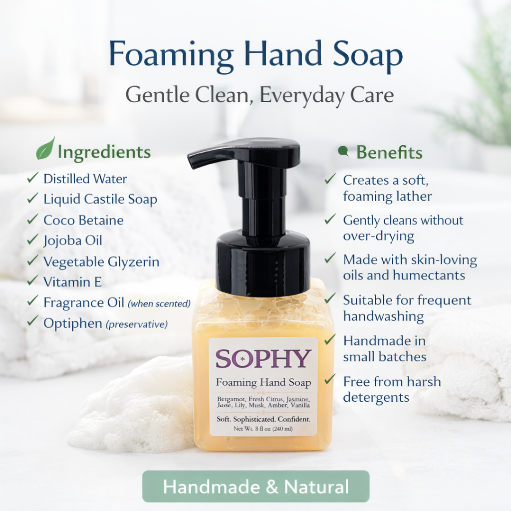 ResilScents™ foaming hand soap in a square clear bottle with pale yellow soap and a black pump, displayed with soft foam and clean decor to highlight handmade, natural ingredients and gentle everyday hand care.