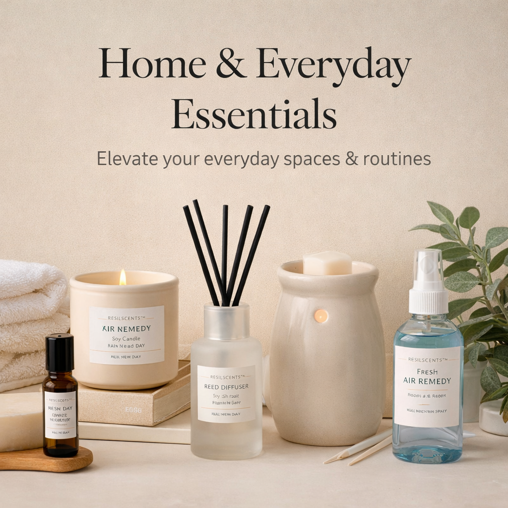 Home & Everyday Essentials collection by ResilScents™ featuring a soy candle, reed diffuser, roll-on oil, wax warmer, and room spray styled in a calm neutral setting for daily home and personal fragrance use.