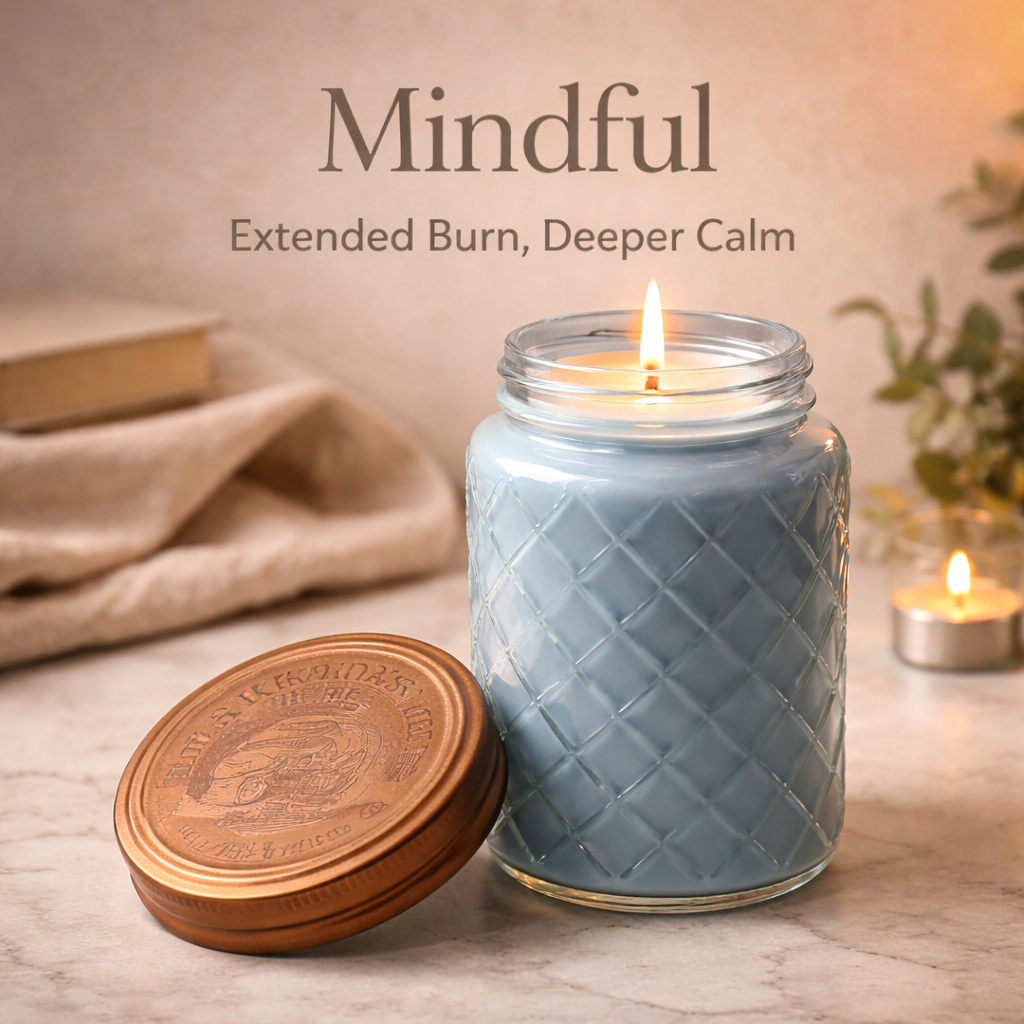 ResilScents™ Mindful size soy candle in a tall diamond-cut glass jar with blue wax and an engraved copper lid, designed for extended burn time and a calm, elevated home fragrance experience.