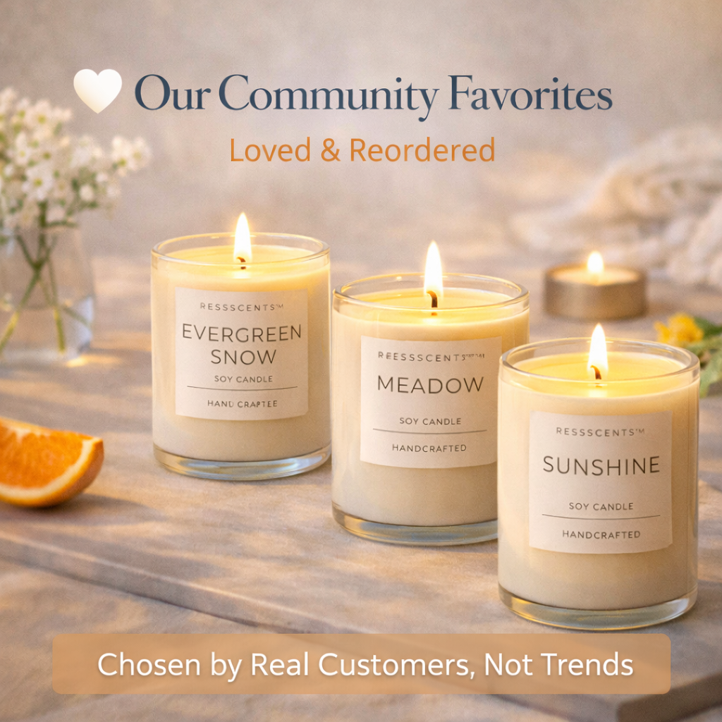 ResilScents™ Community Favorites soy candles displayed together with soft natural light and minimal decor, highlighting customer-loved scents that are frequently reordered and trusted by the ResilScents community.
