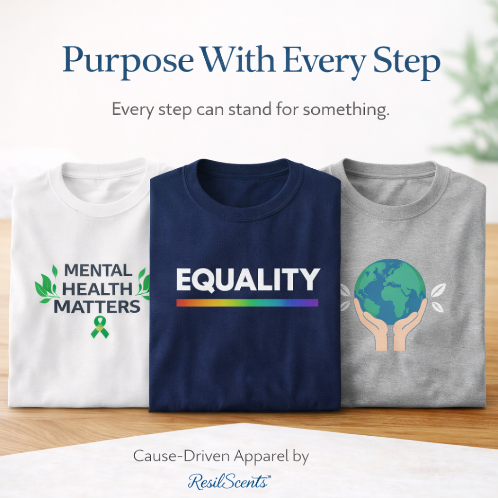Purpose With Every Step collection by ResilScents™, featuring cause-driven apparel displayed in a clean, modern setting to represent mental health awareness, equality, and purposeful living.