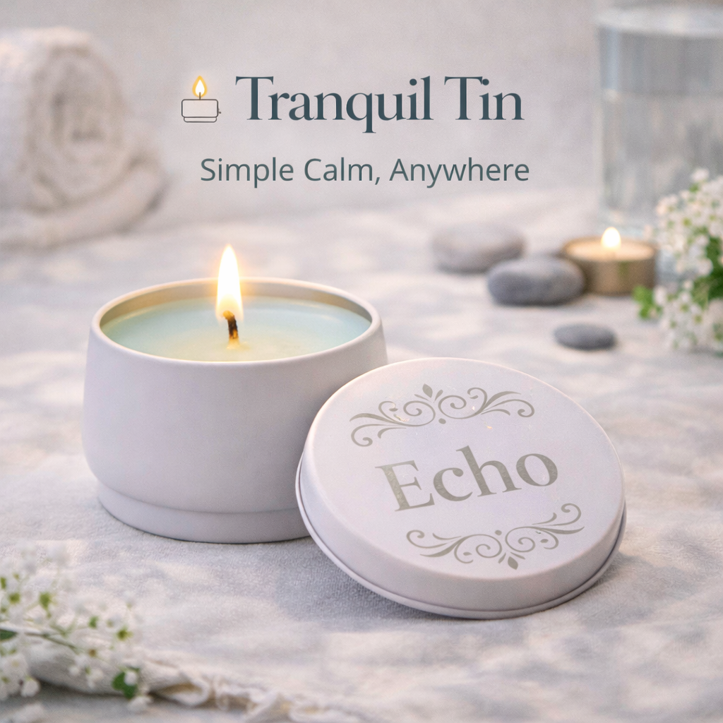 ResilScents™ Tranquil Tin soy candle with light blue wax in a matte white metal tin and matching decorative lid, styled in a calm, minimalist setting to highlight portable, everyday relaxation.