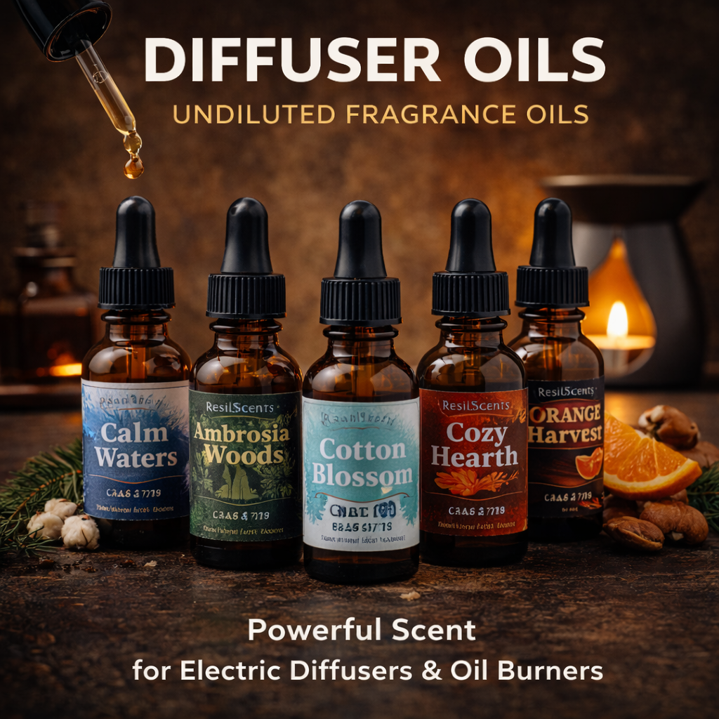ResilScents™ diffuser oils in 1oz bottles of undiluted fragrance oil designed for electric diffusers and oil burners.