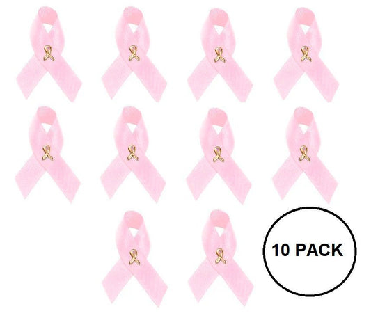 10 Pack of Satin Pink Ribbon Breast Cancer Pins