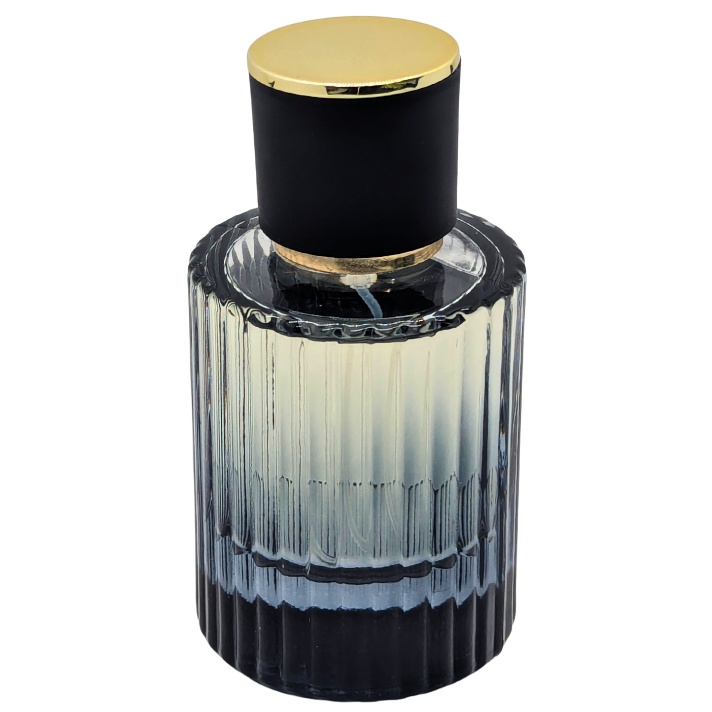 Perfume bottle with black and gold design on a white background