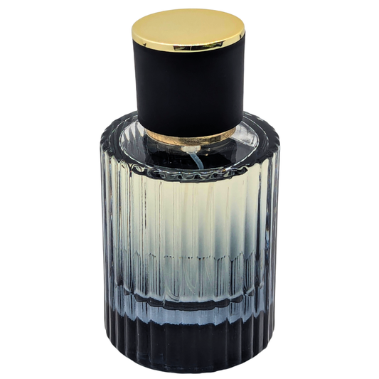 Perfume bottle with black and gold design on a white background