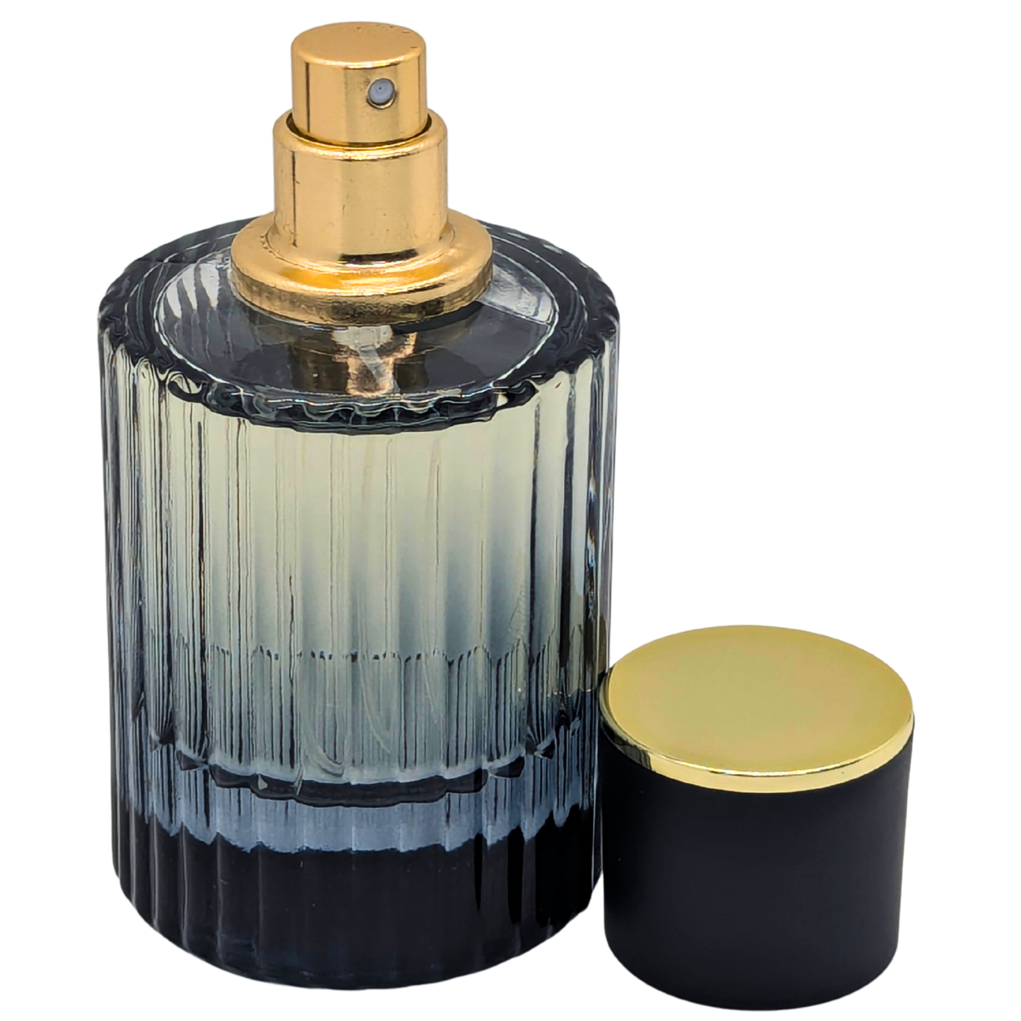 Black and gold perfume bottle with a matching cap on a white background