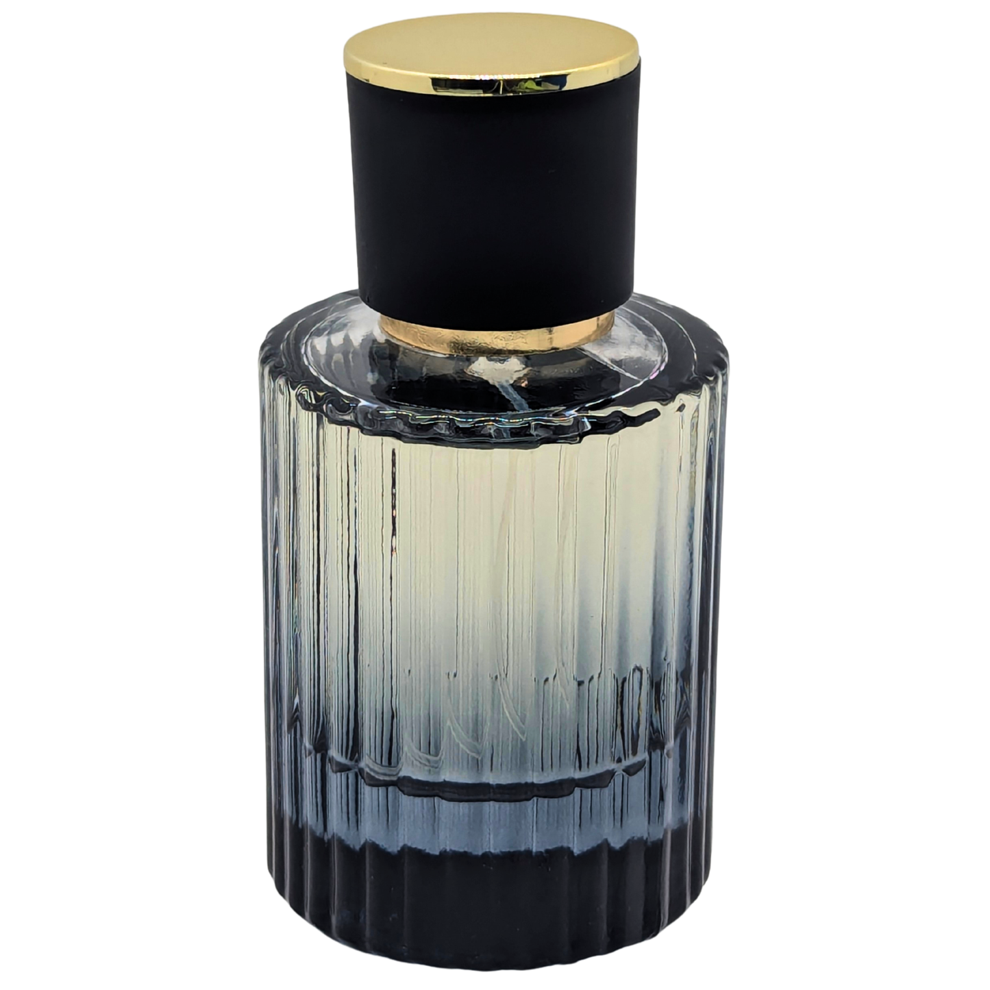 Decorative bottle with ribbed design and gold cap on a white background