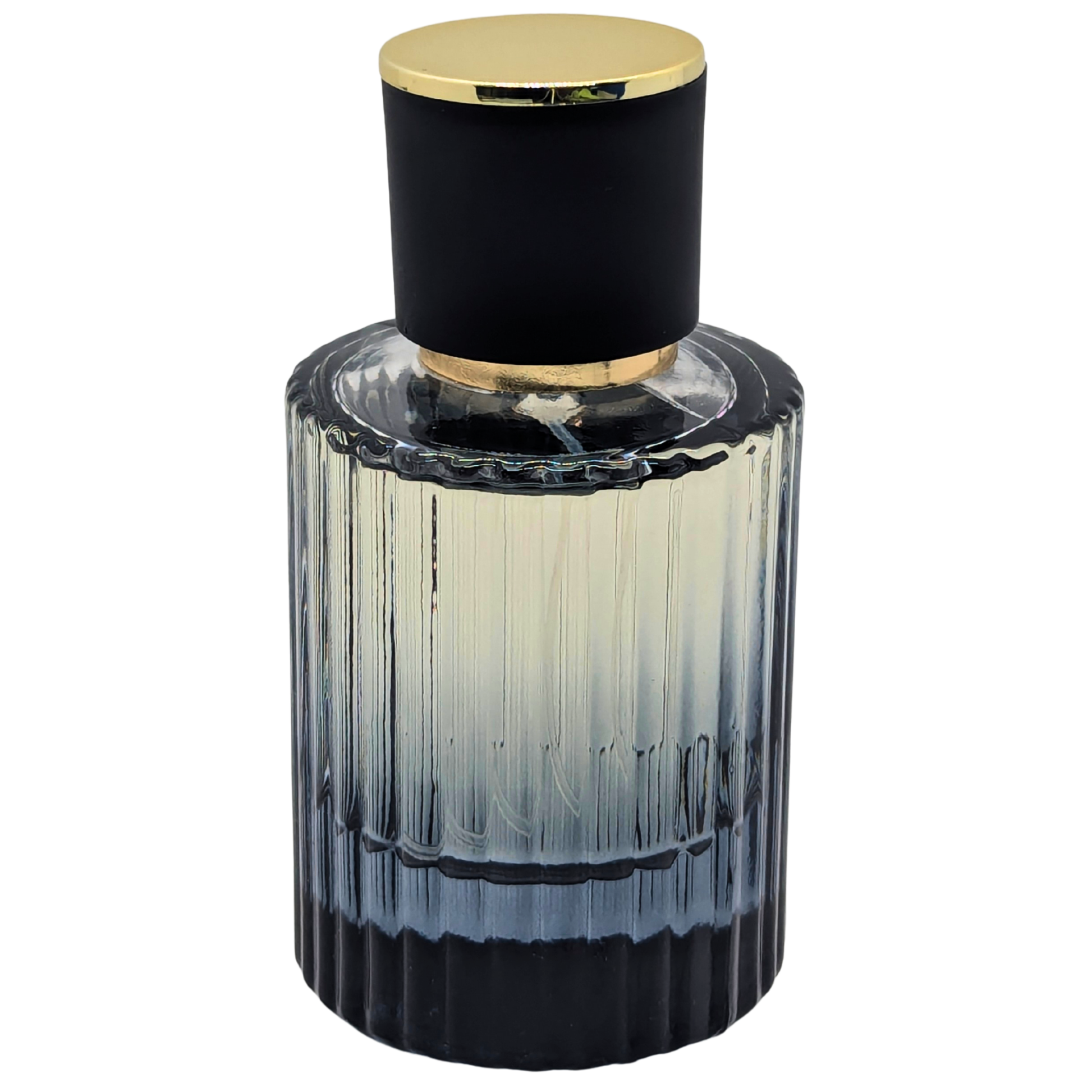 Decorative bottle with ribbed design and gold cap on a white background