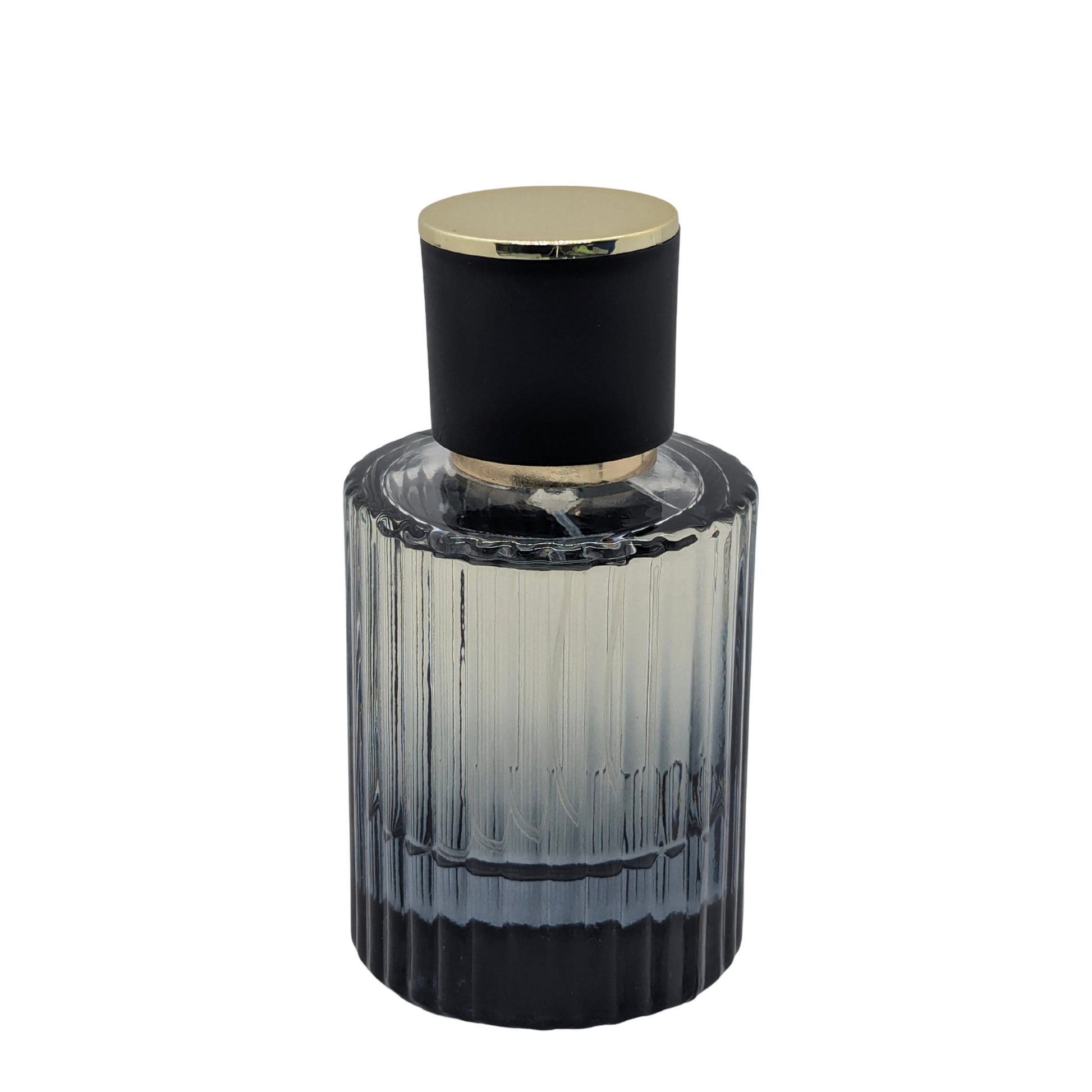 Perfume bottle with black ribbed design and gold cap on a white background