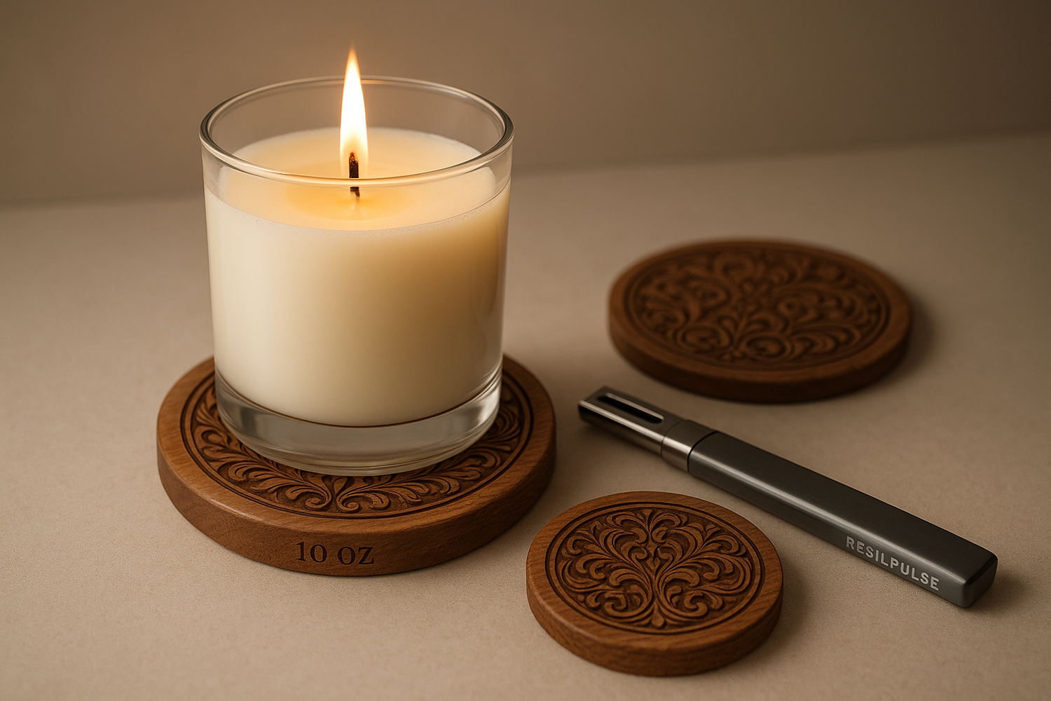 a 10oz candle in a class container burning on top of a custom engraved candle coaster. with a resilpulse lighter next to them both what an extra engraved coaster next to them